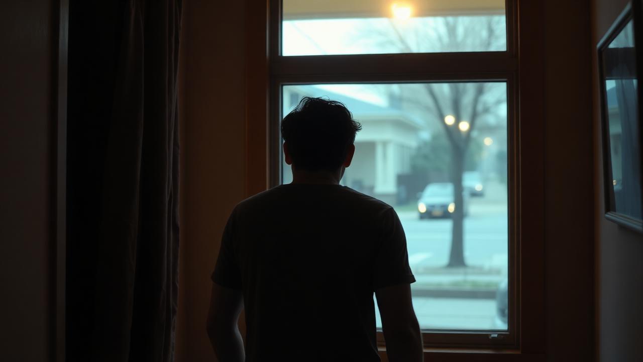 Pessoa dentro de casa olhando pela janela para a rua com medo de sair