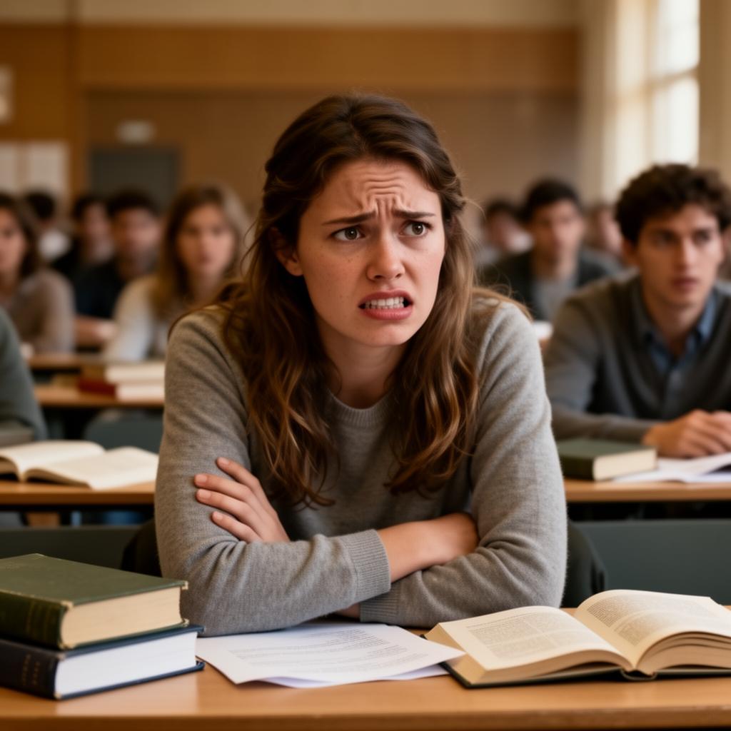 Garota ansiosa em uma sala de aula universitária