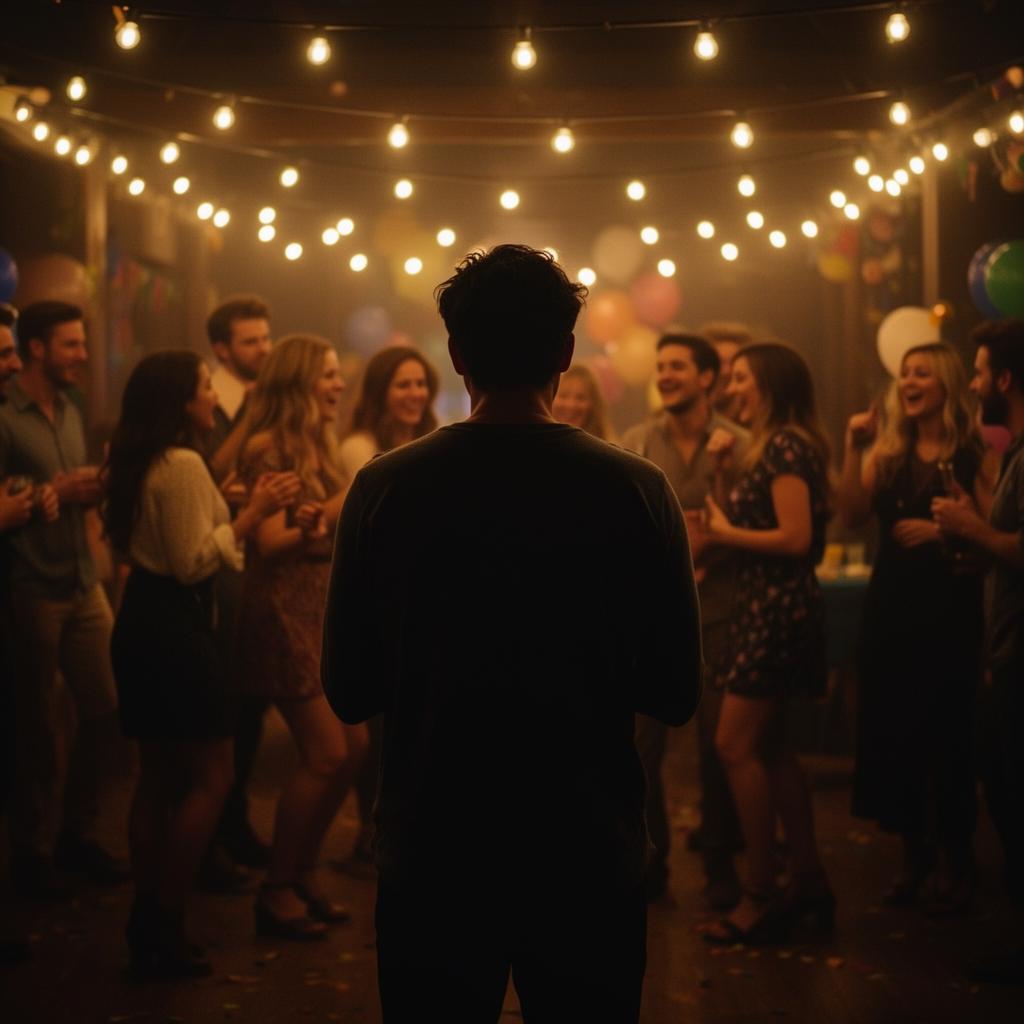Pessoa isolada observando um grupo de amigos confraternizando