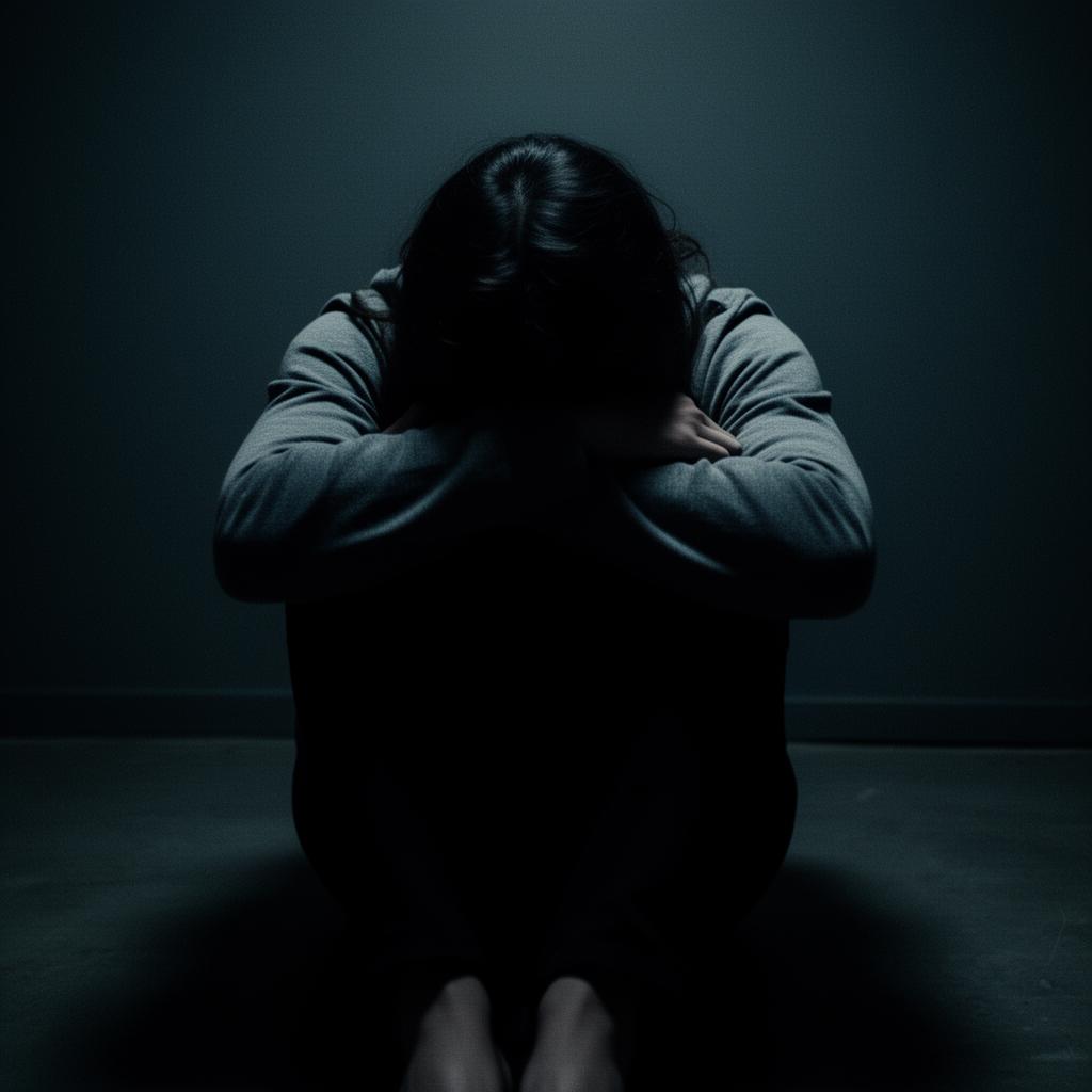 Pessoa extremamente deprimida sentada sozinha em um quarto escuro